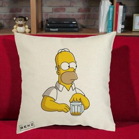 Perna Personalizata Homer Simpson cu Bere, 40x40 cm, Ecru, Husa Detasabila, Perna Inclusa, BEKZ®