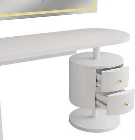 Masuta machiaj cu Oglinda LED si 2 Sertare pentru Cosmetice, Set Masa toaleta 120 cm, Alb Lucios, masuta cosmetica, vanity - SEA462