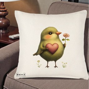 Perna Decorativa Pasare Verde cu Inima si Floare, 40x40 cm, Crem Reliefat, Husa Detasabila, Perna Inclusa, BEKZ®