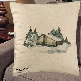 Perna Decorativa Cabana de Iarna in Padure, 40x40 cm, Bej, Husa Detasabila, Perna Inclusa, BEKZ®