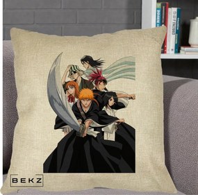 Perna Personalizata Bleach Grup Complet Ichigo si Prietenii, 40x40 cm, Crem, Husa Detasabila, Perna Inclusa, BEKZ®