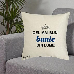 Cadou pentru Bunic - Perna Personalizata Cel Mai Bun Bunic Din Lume Coroana Albastra, 40x40 cm, Ecru, Husa Detasabila, Perna Inclusa, BEKZ®