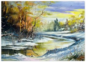 Tablou pe sticlă - Râu de iarnă, pictură în ulei (70x50 cm)