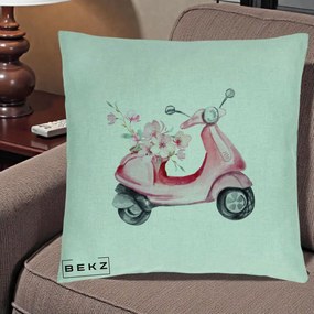 Perna Decorativa Scuter Roz cu Flori Acuarela, 40x40 cm, Verde Menta, Husa Detasabila, Perna Inclusa, BEKZ®