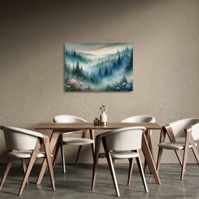 Tablou pe sticlă - Peisaj forestier cu ceață (70x50 cm)