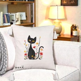 Perna Decorativa Pisica Neagra Ochi Galbeni Flori, 40x40 cm, Bej cu Franjuri, Husa Detasabila, Perna Inclusa, BEKZ®