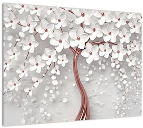 Tablou - Imaginea copacului alb cu flori albe, rosegold (70x50 cm)
