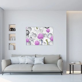 Tablou cu abstracție 3D cu cercuri și flori (90x60 cm)