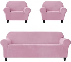 Set Huse Elastice din Catifea pentru Canapea 3 Locuri + 2 Fotolii, cu Brate, Roz, HCCJS-08