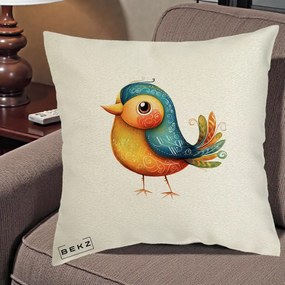 Perna Decorativa Pasare Folk Art Portocalie-Teal, 40x40 cm, Ecru, Husa Detasabila, Perna Inclusa, BEKZ®