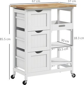 HOMCOM Cărucior de Bucătărie cu Roți, Insulă de Bucătărie Compactă cu Blat din Lemn, Rafturi și Sertare, Alb | Aosom Romania