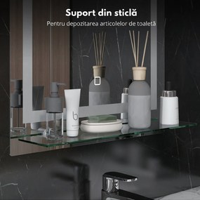 Kleankin Oglindă de Baie cu Lumini LED în 3 Culori Reglabile și Raft din Sticlă, 50x12x70 cm, Argintiu | Aosom Romania
