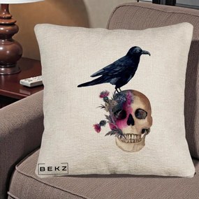 Perna Decorativa Craniu cu Corb si Flori Gothic, 40x40 cm, Bej Canapea, Husa Detasabila, Perna Inclusa, BEKZ®