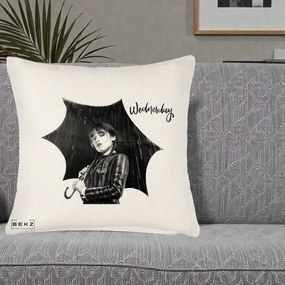 Perna Personalizata Wednesday Addams cu Umbrela Foto, 40x40 cm, Crem Reliefat, Husa Detasabila, Perna Inclusa, BEKZ®