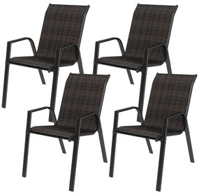 Outsunny Set de 4 scaune de grădină empilabile, fotoliu de exterior cu brațe și acoperământ din rășină țesută maro | Aosom Romania