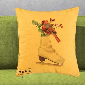 Perna Decorativa Cardinal Rosu pe Patina de Gheata, 40x40 cm, Galben, Husa Detasabila, Perna Inclusa, BEKZ®