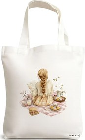 Sacosa de Panza pentru Cumparaturi, Geanta Tote, model The bookie girl 11 38 x 34.5 cm, Alba, BEKZ®