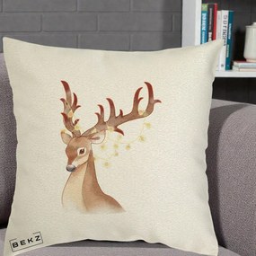 Perna Decorativa Ren cu Luminite de Craciun, 40x40 cm, Ecru, Husa Detasabila, Perna Inclusa, BEKZ®