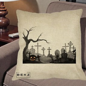 Perna Decorativa Halloween Cimitir Acuarela cu Dovleac, 40x40 cm, Crem, Husa Detasabila, Perna Inclusa, BEKZ®