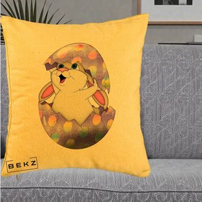 Perna Decorativa Iepuras din Ou de Pasti, 40x40 cm, Galben, Husa Detasabila, Perna Inclusa, BEKZ®