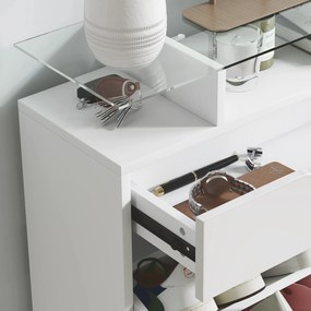 HOMCOM Suport pentru Pantofi cu 2 Sertare pentru 16 Perechi de Pantofi cu Etajeră Reglabilă și Raft din Sticlă, 89x23x96cm, Alb Lucios | Aosom Romania