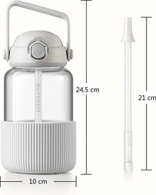 Sticlă portabilă pentru băuturi BUYDEEM DG710-OW, 1 l, Paie retractabilă, Mâner, Sticlă rezistentă la temperaturi de până la 150 °C, Triplă etanșare, Alb