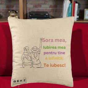 Cadou pentru Sora - Perna Personalizata Sora Mea Te Iubesc Doua Fete cu Palarie si Umbrela, 40x40 cm, Bej, Husa Detasabila, Perna Inclusa, BEKZ®