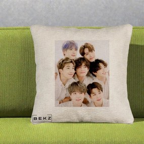 Perna Personalizata K-pop BTS Foto Grup Fete Albe, 40x40 cm, Bej Canapea, Husa Detasabila, Perna Inclusa, BEKZ®