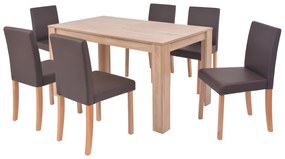 243530 vidaXL Masă și scaune 7 piese, piele artificială, stejar, maro