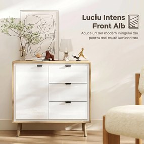 HOMCOM Credență de bucătărie cu 3 sertare și dulap Alb lucios și stejar | Aosom Romania