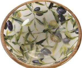 Bol decorativ Mediterranean lăcuit verde cu accente naturale din lemn de mango cu structură din lemn – "Olivia"