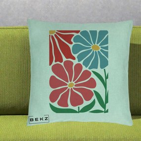 Perna Decorativa Flori Grafice Rosu-Albastru, 40x40 cm, Verde Menta, Husa Detasabila, Perna Inclusa, BEKZ®