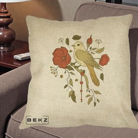 Perna Decorativa Pasare pe Ramura cu Maci, 40x40 cm, Crem, Husa Detasabila, Perna Inclusa, BEKZ®