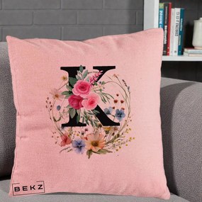 Cadou Personalizat - Perna Personalizata Monogram Litera K cu Flori Acuarela, 40x40 cm, Roz, Husa Detasabila, Perna Inclusa, BEKZ®