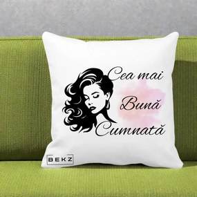 Cadou pentru Cumnata - Perna Personalizata Cea mai Buna Cumnata cu Silueta Dama si Pete Roz, 40x40 cm, Alba Mata, Husa Detasabila, Perna Inclusa, BEKZ®