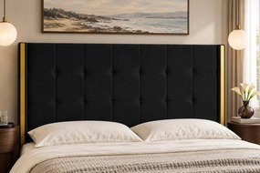 Pat tapițat din catifea Aven 140×200 cm, negru, cu ladă de depozitare