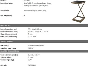 Masuta de cafea design LUX Cross, alama vintage 33x33cm