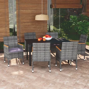 3095006 vidaXL Set de masă pentru grădină cu perne, 7 piese, gri, poliratan