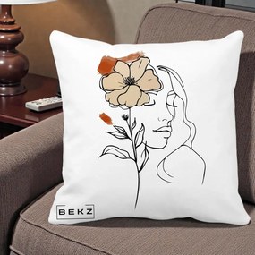 Perna Decorativa Portret Feminin Floare Bej Terracotta, 40x40 cm, Alba Mata, Husa Detasabila, Perna Inclusa, BEKZ®
