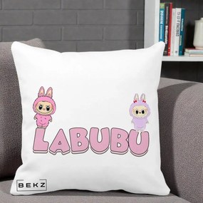 Perna Personalizata Labubu Duo Roz-Lila cu Text, 40x40 cm, Alba Mata, Husa Detasabila, Perna Inclusa, BEKZ®