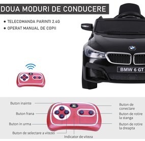 BMW Mașină Electrică 6V cu Telecomandă HOMCOM, Neagră, pentru Copii, Design Sportiv și Funcții Interactive | Aosom Romania