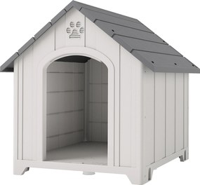 PawHut Casă pentru câini exterior Casă pentru câini mari din plastic cu 2 ferestre Bază ridicată Țăruși Gri | Aosom Romania