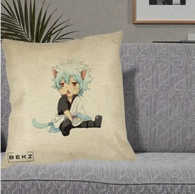 Perna Personalizata Gintama Gintoki Chibi Pisica, 40x40 cm, Crem, Husa Detasabila, Perna Inclusa, BEKZ®