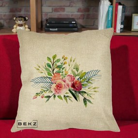 Perna Decorativa Buchet Flori Acuarela Roz-Verde, 40x40 cm, Crem, Husa Detasabila, Perna Inclusa, BEKZ®