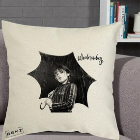 Perna Personalizata Wednesday Addams cu Umbrela Foto, 40x40 cm, Ecru, Husa Detasabila, Perna Inclusa, BEKZ®