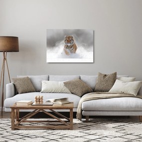 Tablou pe sticlă cutigru fugind prin zăpadă (70x50 cm)