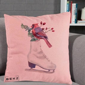 Perna Decorativa Cardinal Rosu pe Patina de Gheata, 40x40 cm, Roz, Husa Detasabila, Perna Inclusa, BEKZ®