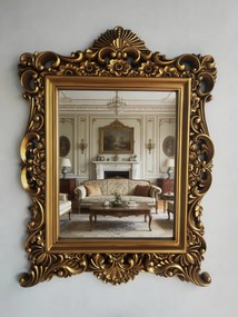 RESIGILAT- Oglindă decorativă de perete, ramă aurie antichizată, 64 × 84 cm