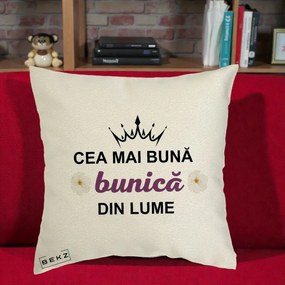 Cadou pentru Bunica - Perna Personalizata Cea Mai Buna Bunica Din Lume Coroana Mov Flori, 40x40 cm, Ecru, Husa Detasabila, Perna Inclusa, BEKZ®