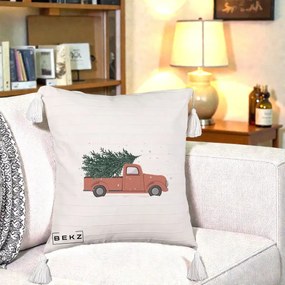 Perna Decorativa Camioneta Terracotta Brad de Craciun, 40x40 cm, Bej cu Franjuri, Husa Detasabila, Perna Inclusa, BEKZ®